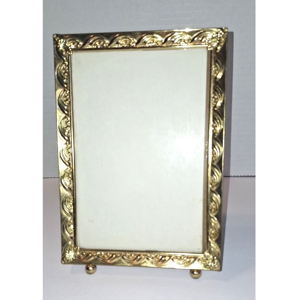 Vintage Ornate Brass Picture Frame 5x7 Scroll Repousse Ball Feet Tabletop Wall